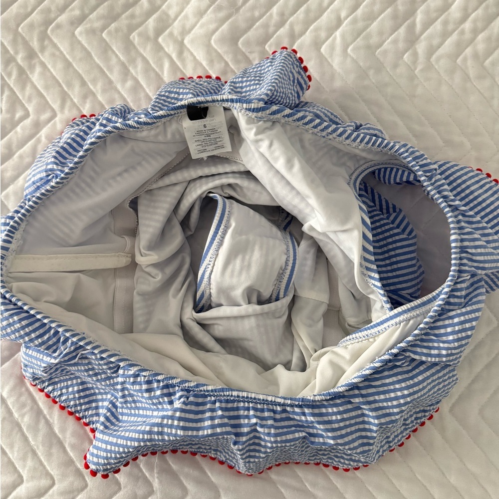 J. Crew One Shoulder Ruffle Swimsuit Seersucker Pom Trim Blue White Red - Picture 4 of 12